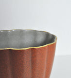 Crackle glaze porcelain vase, orange-brown on grey with gilded banding, Denmark 1930s